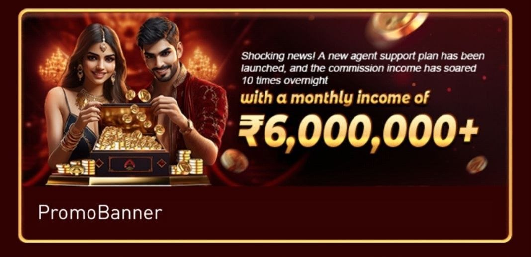 Online casino agent promotion banner showing ₹6,000,000 monthly income opportunity with coins, treasure box, and luxury couple