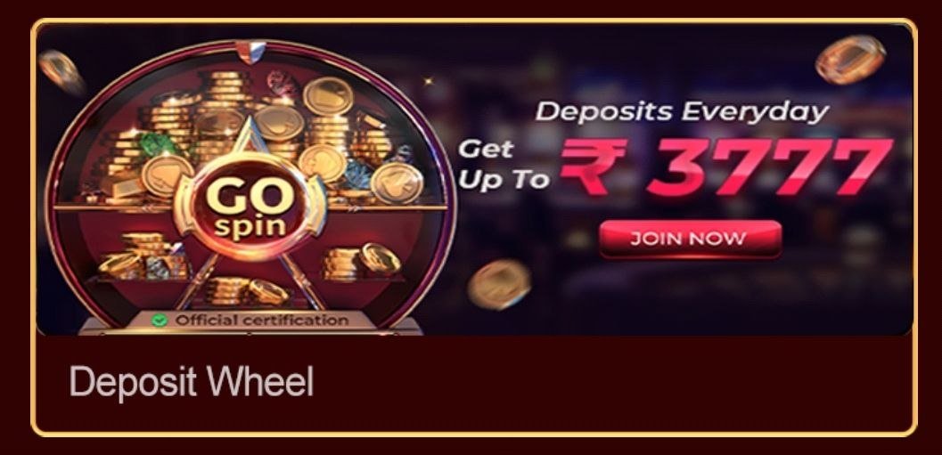 Online casino deposit wheel banner with spin game offering up to ₹3777 bonus, gold coins, and reward wheel design