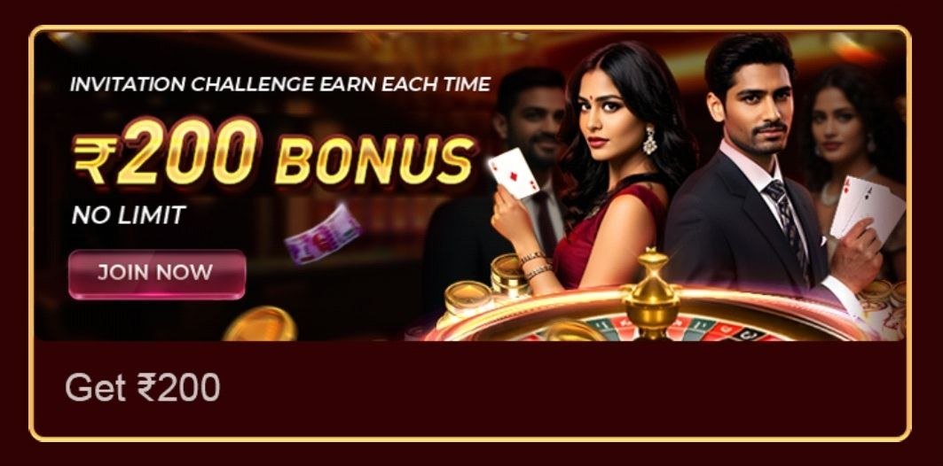 Online casino promotion banner offering ₹200 bonus with no limit, featuring roulette table, playing cards, and luxury gaming theme